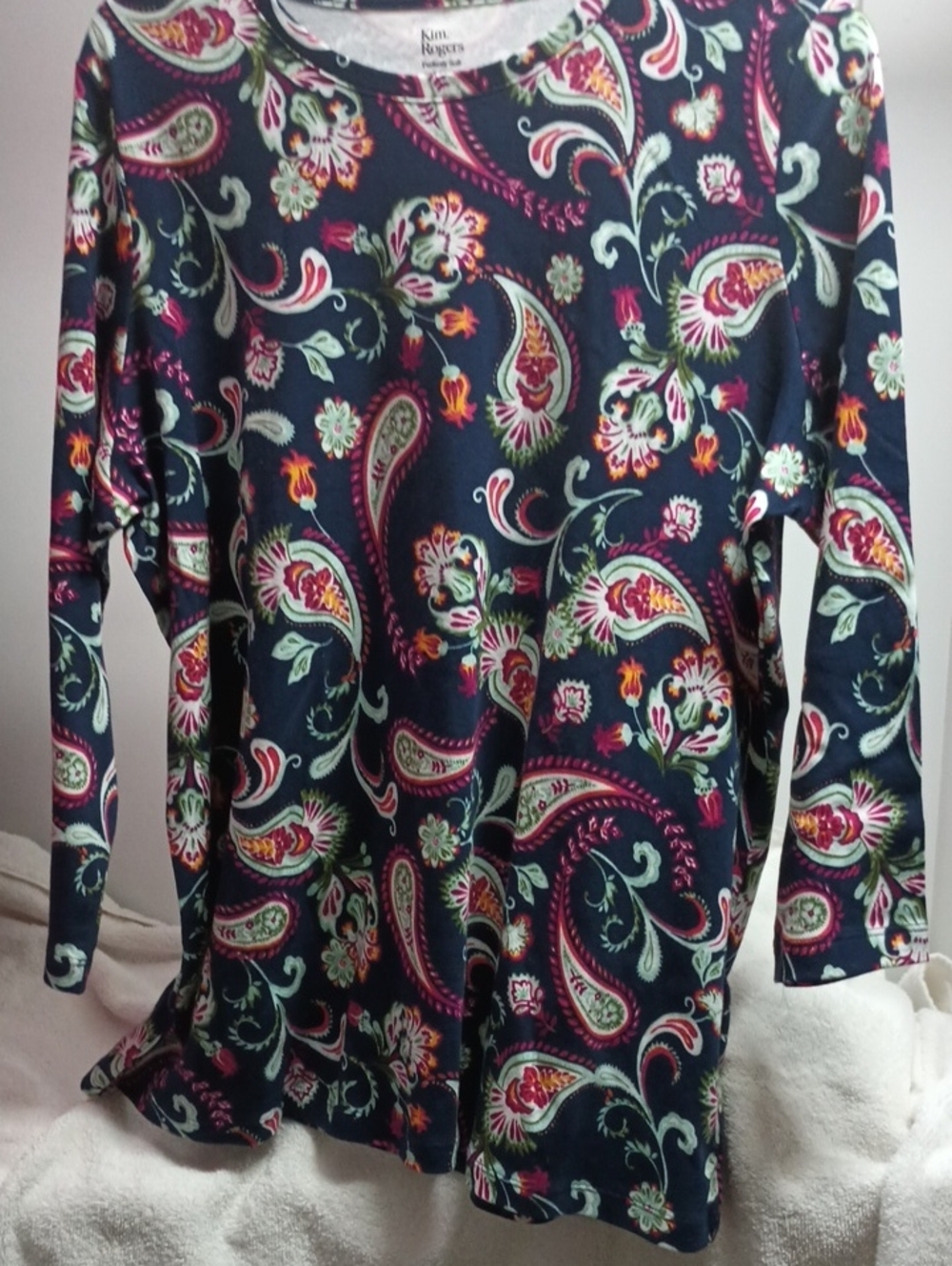Kim Rogers Navy Paisley Long Sleeve Top with Pink & Green Accents